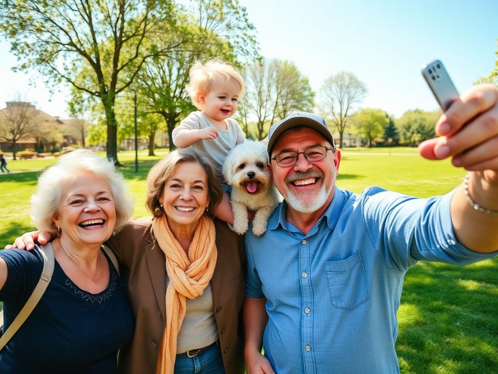 Group selfie with dog and baby